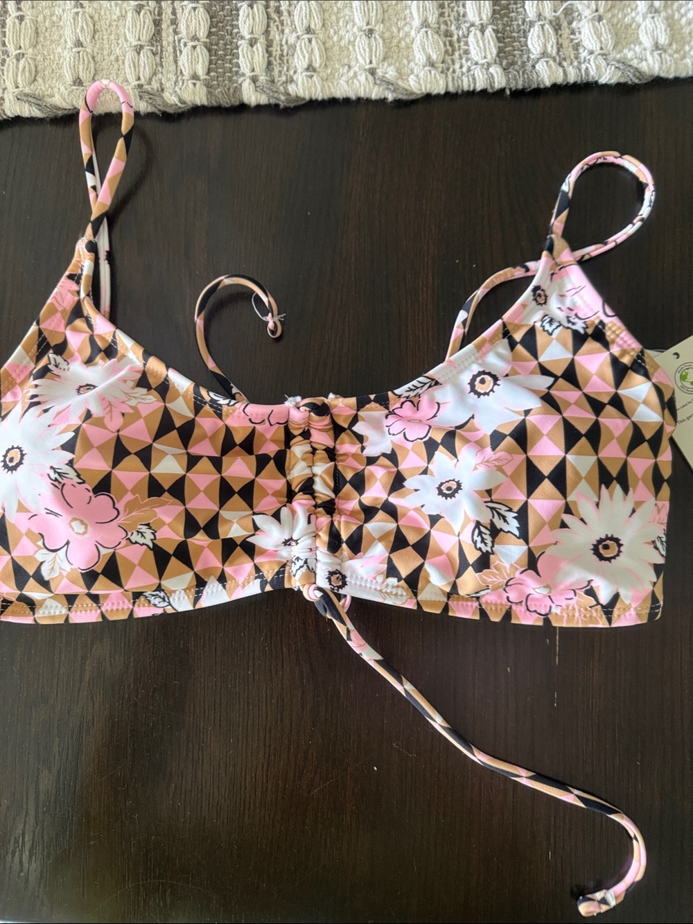 No Boundaries Pink Floral Triangle Swim Top with Tan & Black Geometric Print